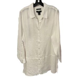 Tahari Womens Shirt Button Up 100% LINEN Sz 1X White Button Up Top Roll Tab NEW